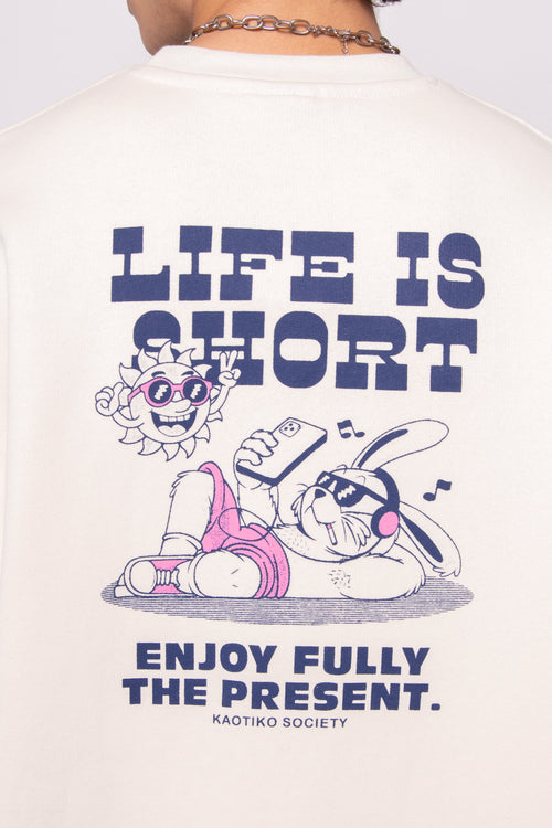 Sudadera Life Is Short Organic Cotton Ivory/Pink