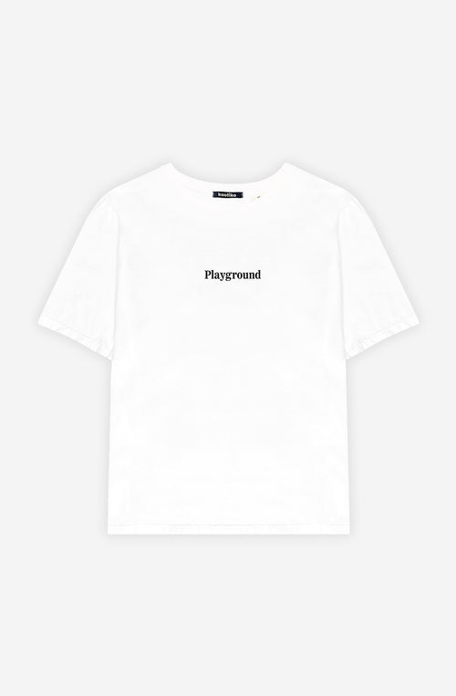 Gewaschenes weißes T-Shirt „Naughty Puppies“