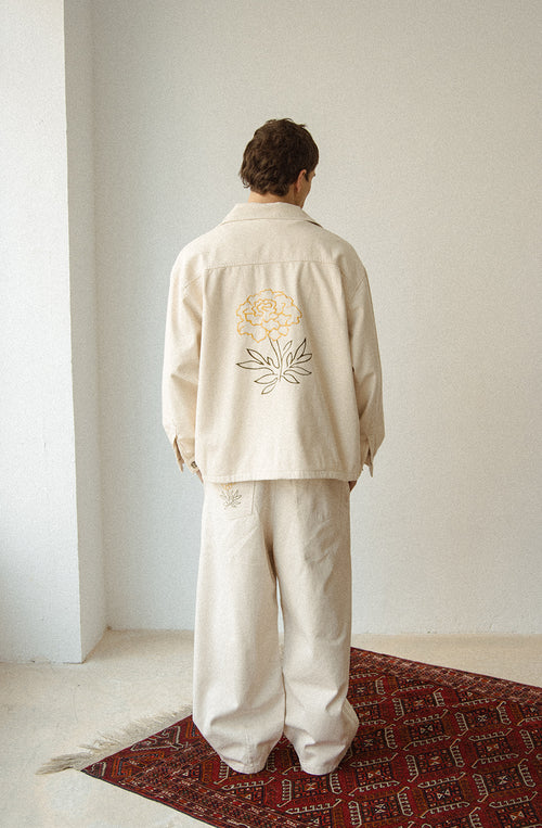 Wide Leg Embroidery Camelia Ivory Pants