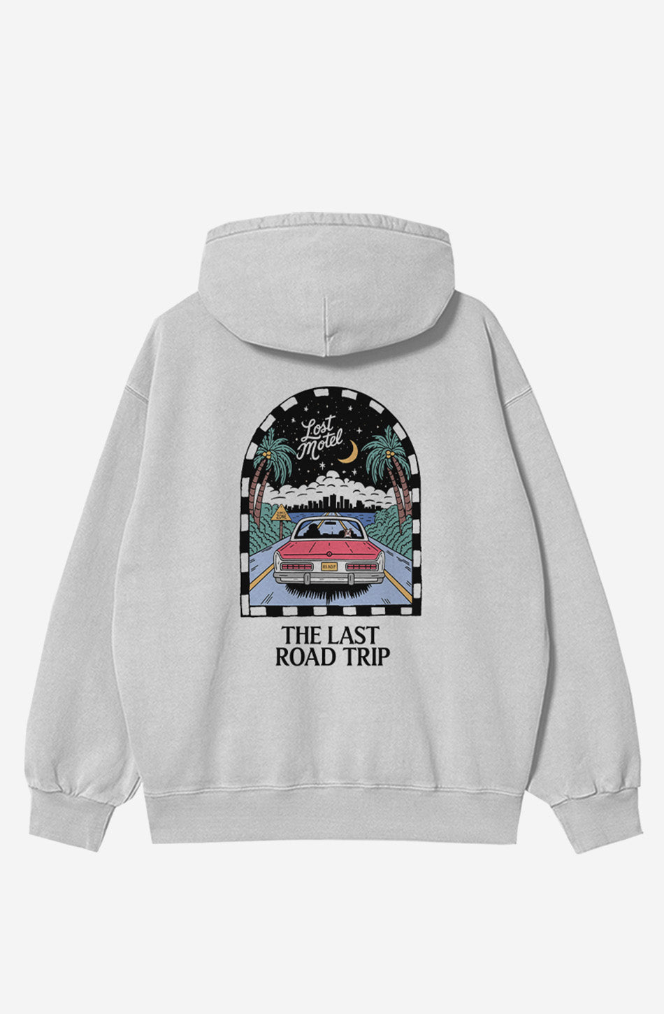 Sudadera Last Road Trip Gray unisex con gráfico de coche retro y diseño inspirado en los road trips de Kaotiko BCN