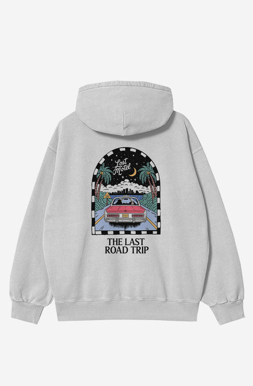Sudadera Last Road Trip Gray unisex con gráfico de coche retro y diseño inspirado en los road trips de Kaotiko BCN