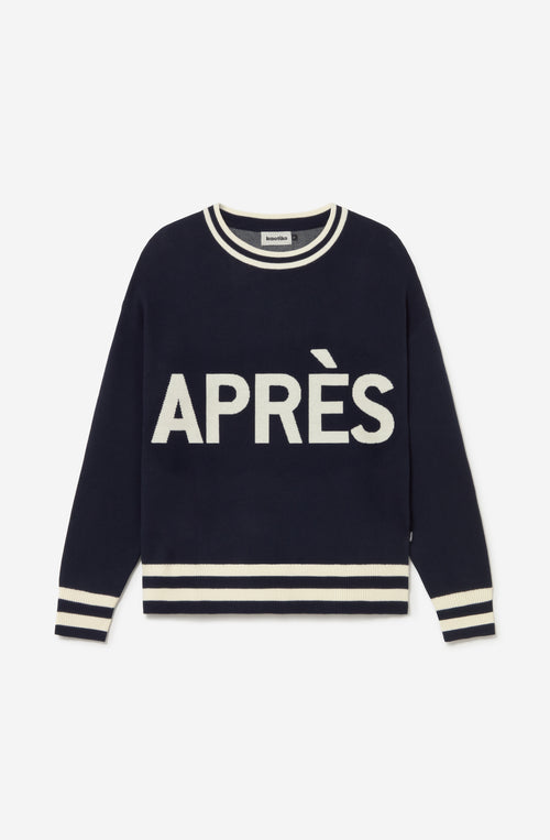 Jersey unisex azul marino de punto con gráfico APRÈS en el frontal, SKI en la espalda y detalles de canalé a contraste.