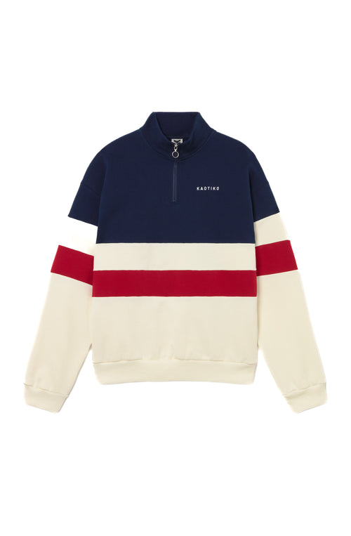 Sudadera crew con cremallera Carter en color Ivory con detalles Blue y Salsa, fit regular, 100% algodón, diseño streetwear de Kaotiko BCN.