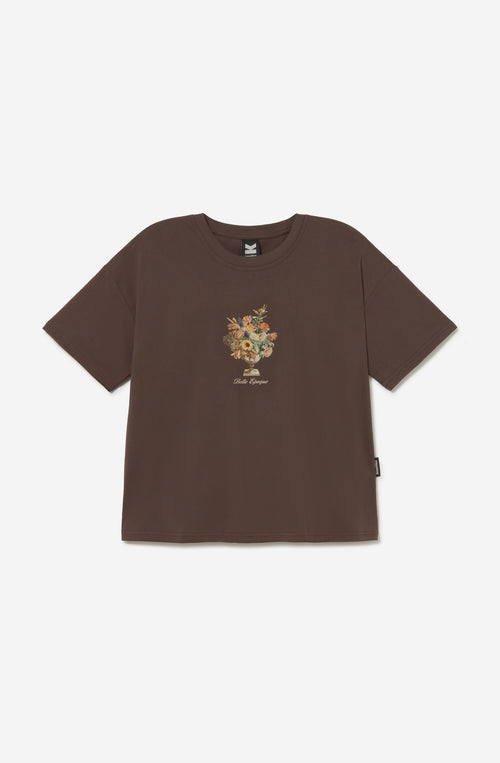 Camiseta Cropped Bouquet Organic Cotton Brown unisex con diseño floral Kaotiko BCN