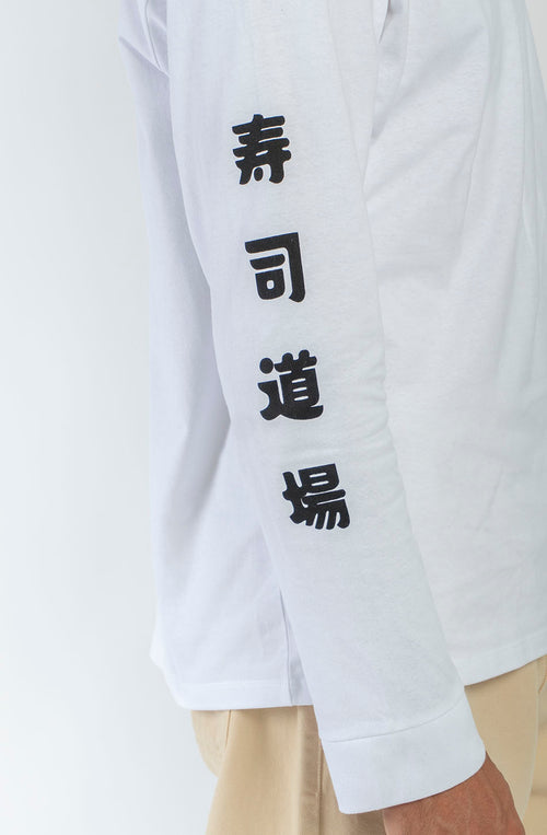 Camiseta Noodle Temple White unisex de manga larga con ilustración japonesa y estampado gráfico en espalda y mangas
