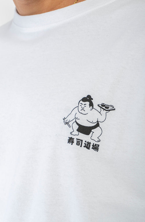 Camiseta Noodle Temple White unisex de manga larga con ilustración japonesa y estampado gráfico en espalda y mangas