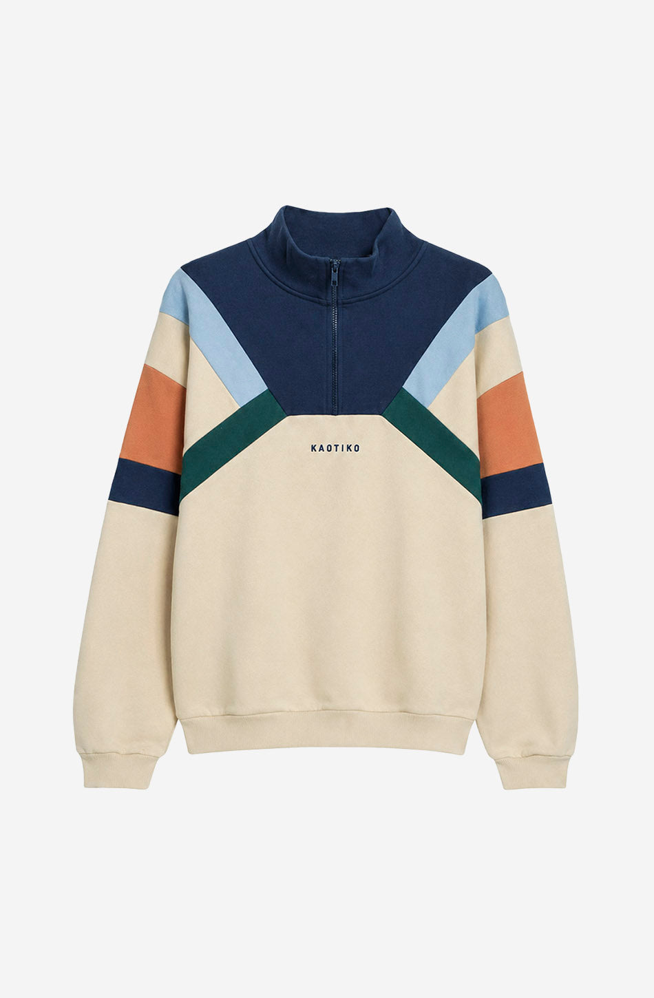 Sudadera Aleck unisex color Bone con detalles Sky Blue, verde y salmón y media cremallera