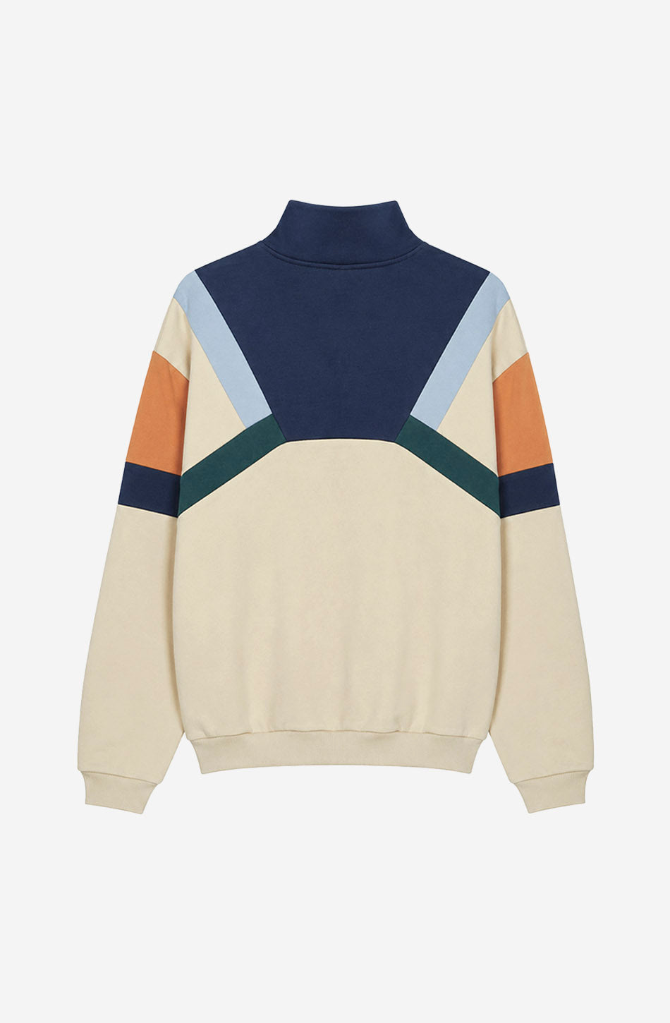 Sudadera Aleck unisex color Bone con detalles Sky Blue, verde y salmón y media cremallera