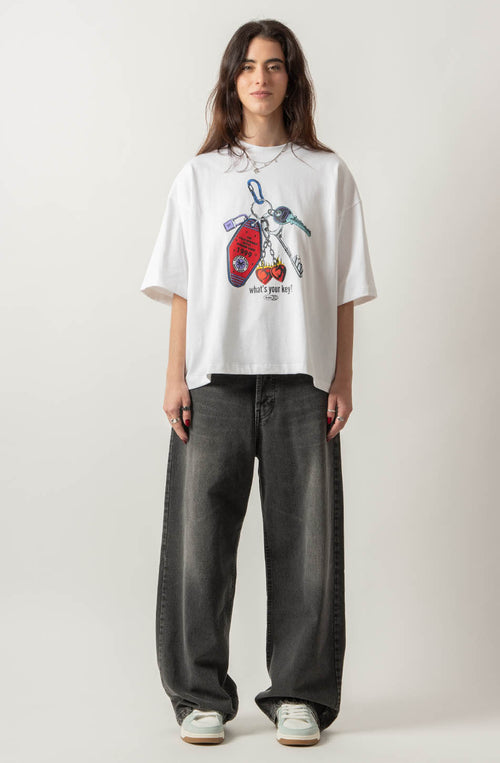 T-shirt Cropped Organic Cotton What's Your Key Blanc