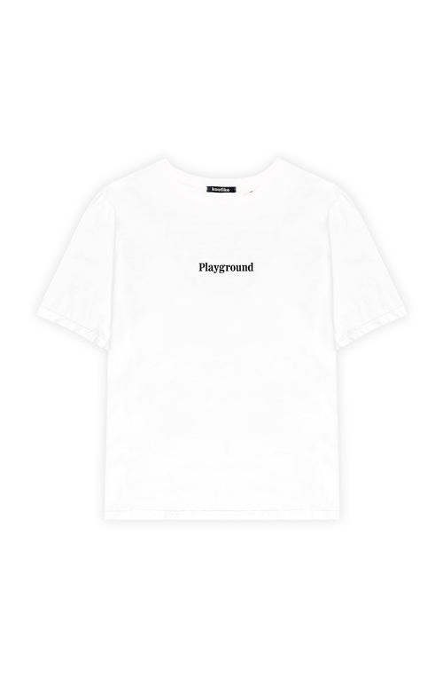 Gewaschenes weißes T-Shirt „Naughty Puppies“