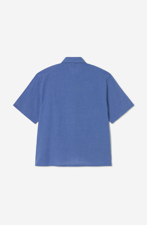 Parte trasera de camisa Coffee Club Blue de hombre con estampado microcuadro azul Kaotiko BCN