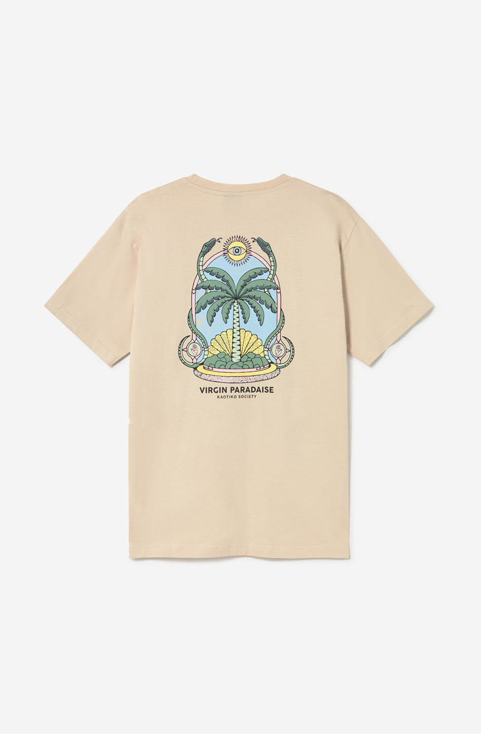 Camiseta Virgin Paradise Stone Kaotiko BCN en color piedra con gráfico frontal estilo tropical vintage y fit relaxed.