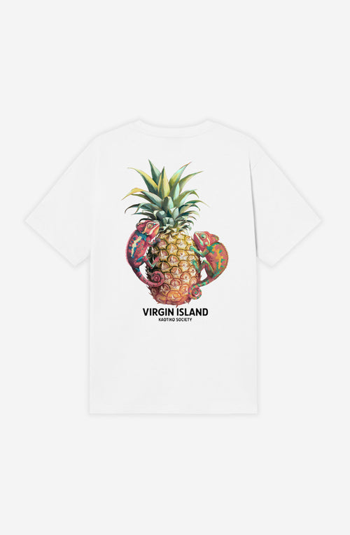 Camiseta Tropic Island Organic White unisex con ilustración de piña y camaleones tropicales Kaotiko BCN