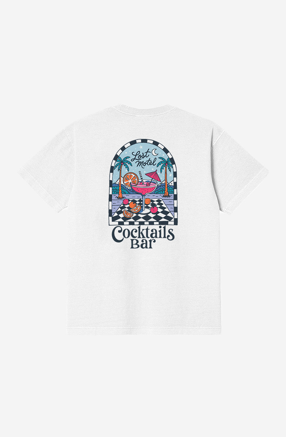Camiseta blanca unisex con ilustración Lost Motel Cocktails Bar y cóctel tropical Kaotiko BCN