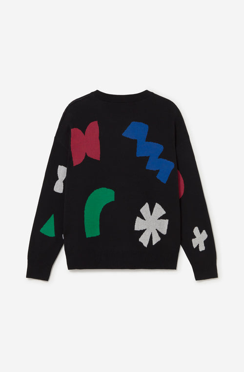 Jersey negro Kaotiko Black Breeze con gráficos geométricos multicolor y cuello redondo.