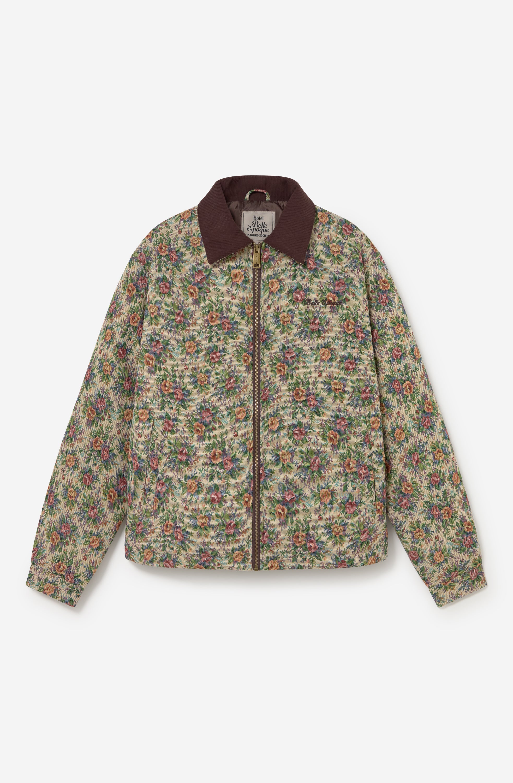 Chaqueta Belle Époque Tapestry con estampado floral multicolor, cuello marrón a contraste y cierre frontal de cremallera.