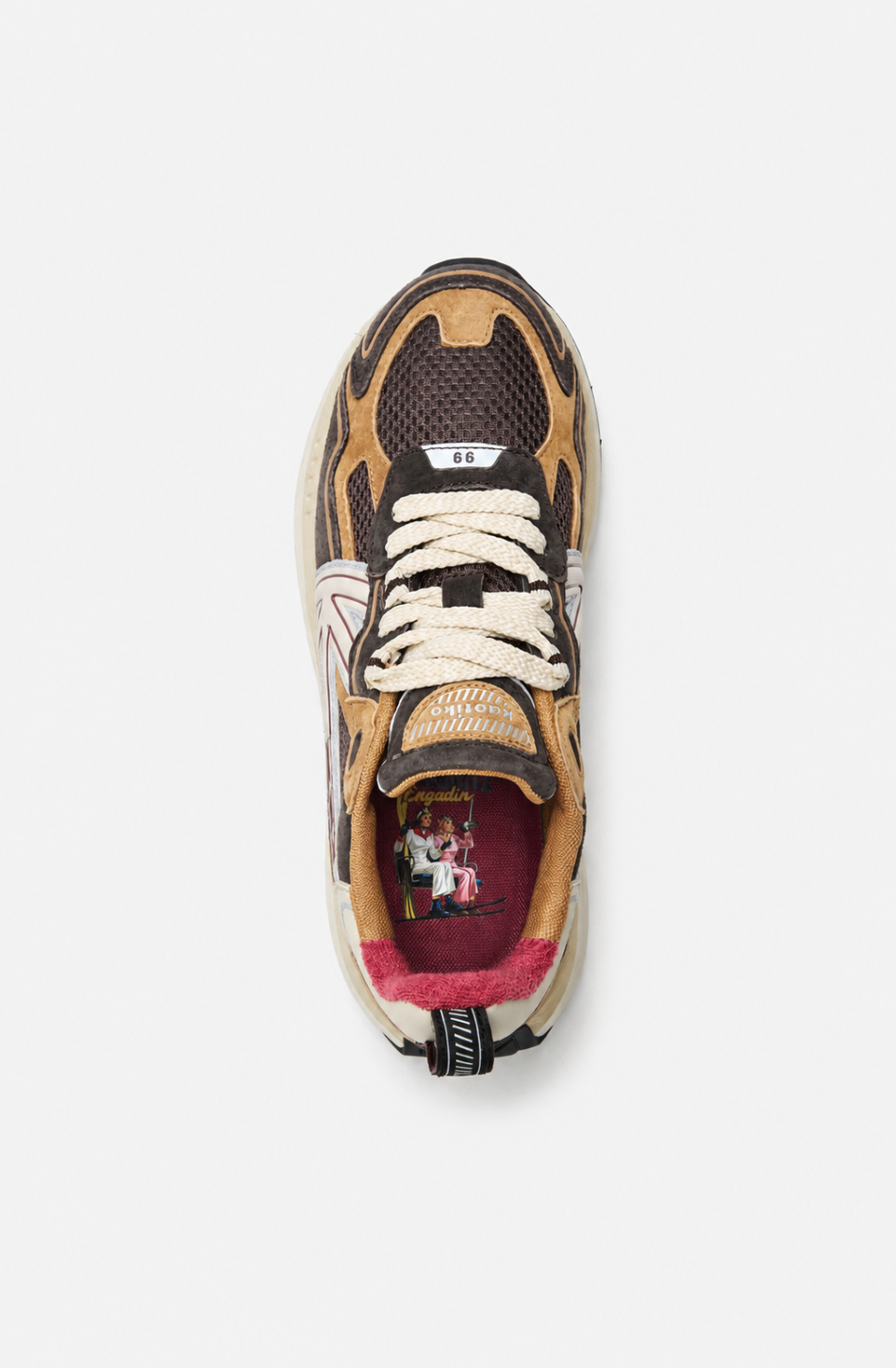 Zapatillas Kaotiko Detroit Tech Brown en tonos marrones con paneles de malla, detalles beige y burdeos y suela elevada.