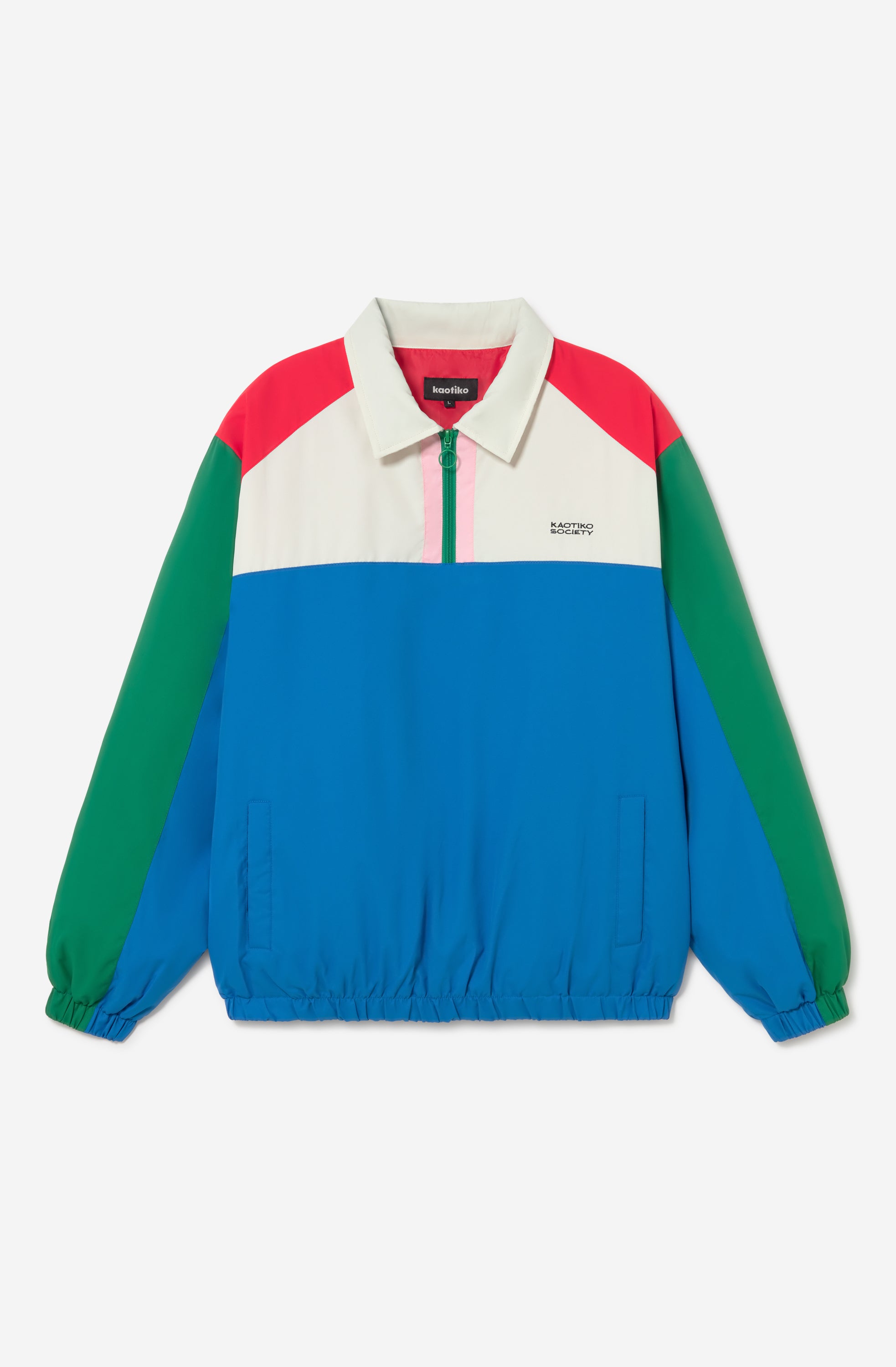 Chaqueta Kangaroo color block azul, verde, rojo y marfil con media cremallera y logo Kaotiko Society.