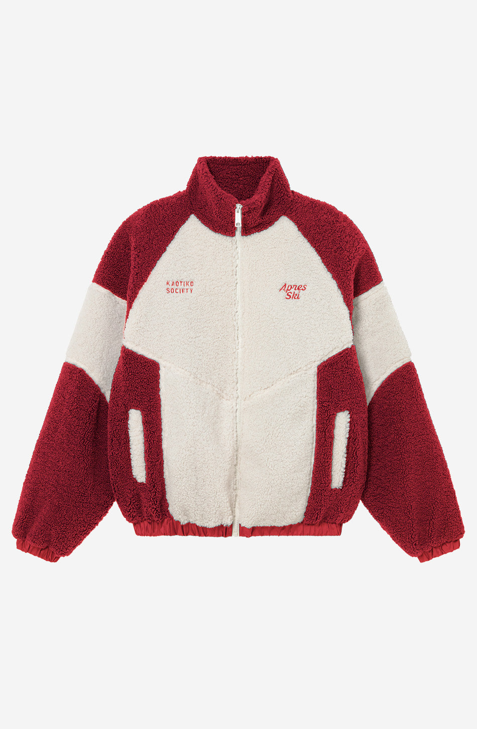 Polar fleece de tejido sherpa en marfil y rojo con cremallera, cuello alto y bordados Après Ski y Kaotiko Society.