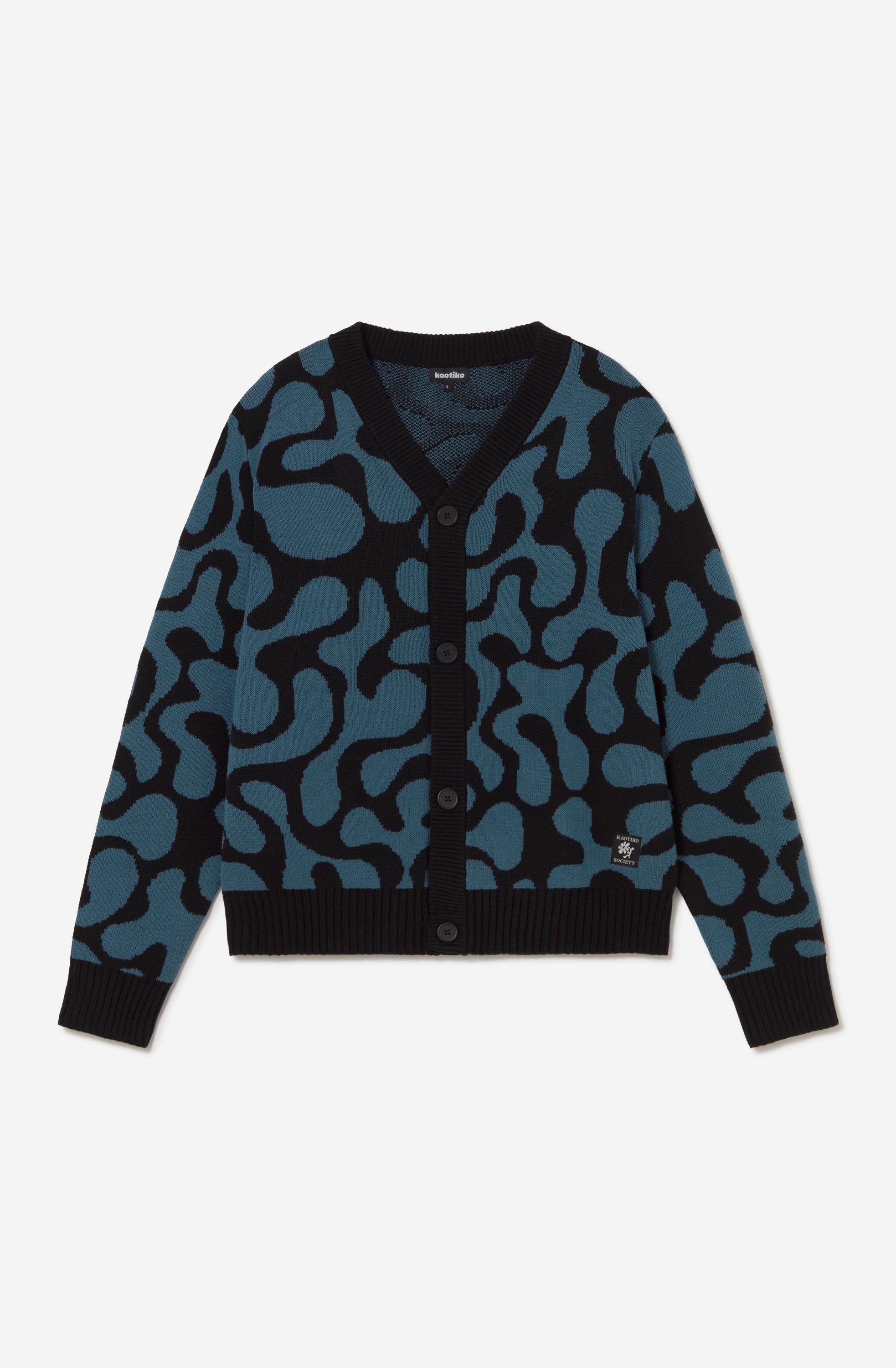 Cardigan unisex de punto con diseño jacquard azul y negro.