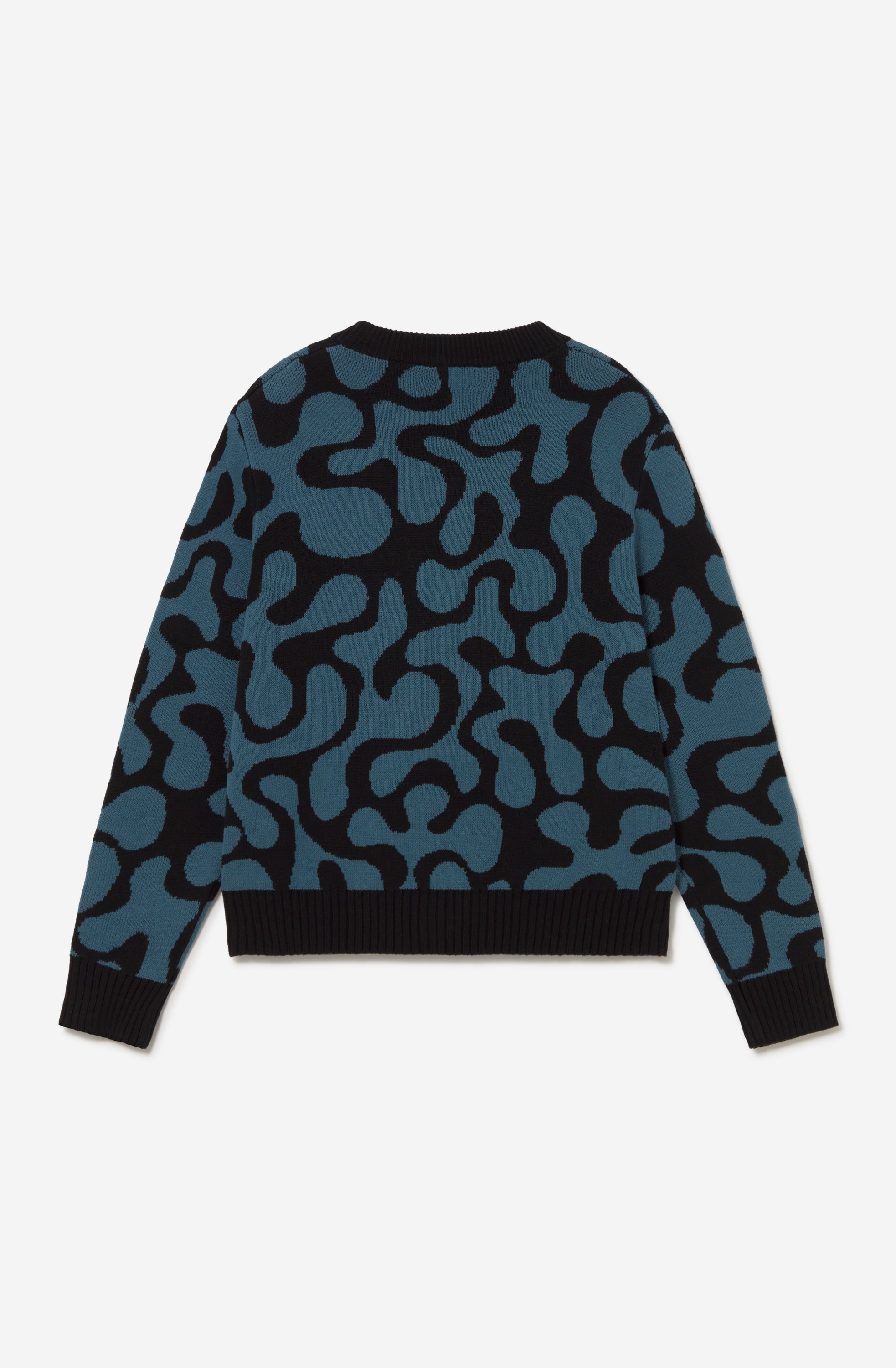 Cardigan unisex de punto con diseño jacquard azul y negro.