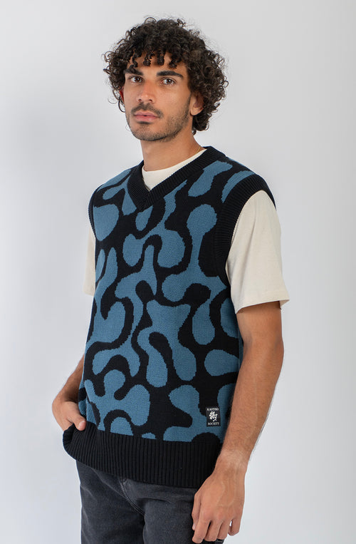 Chaleco unisex de punto con diseño jacquard azul y negro.