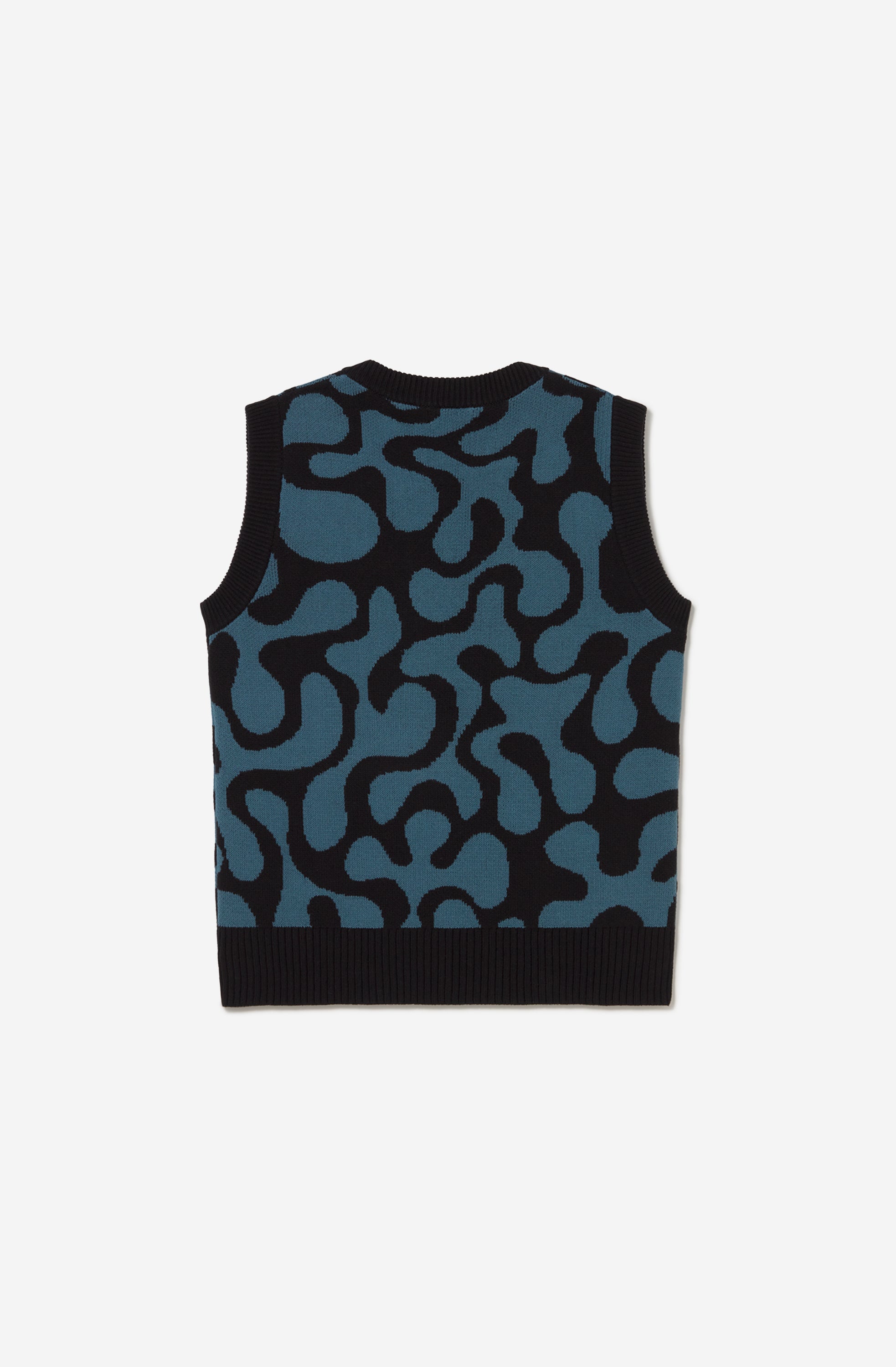 Chaleco unisex de punto con diseño jacquard azul y negro.