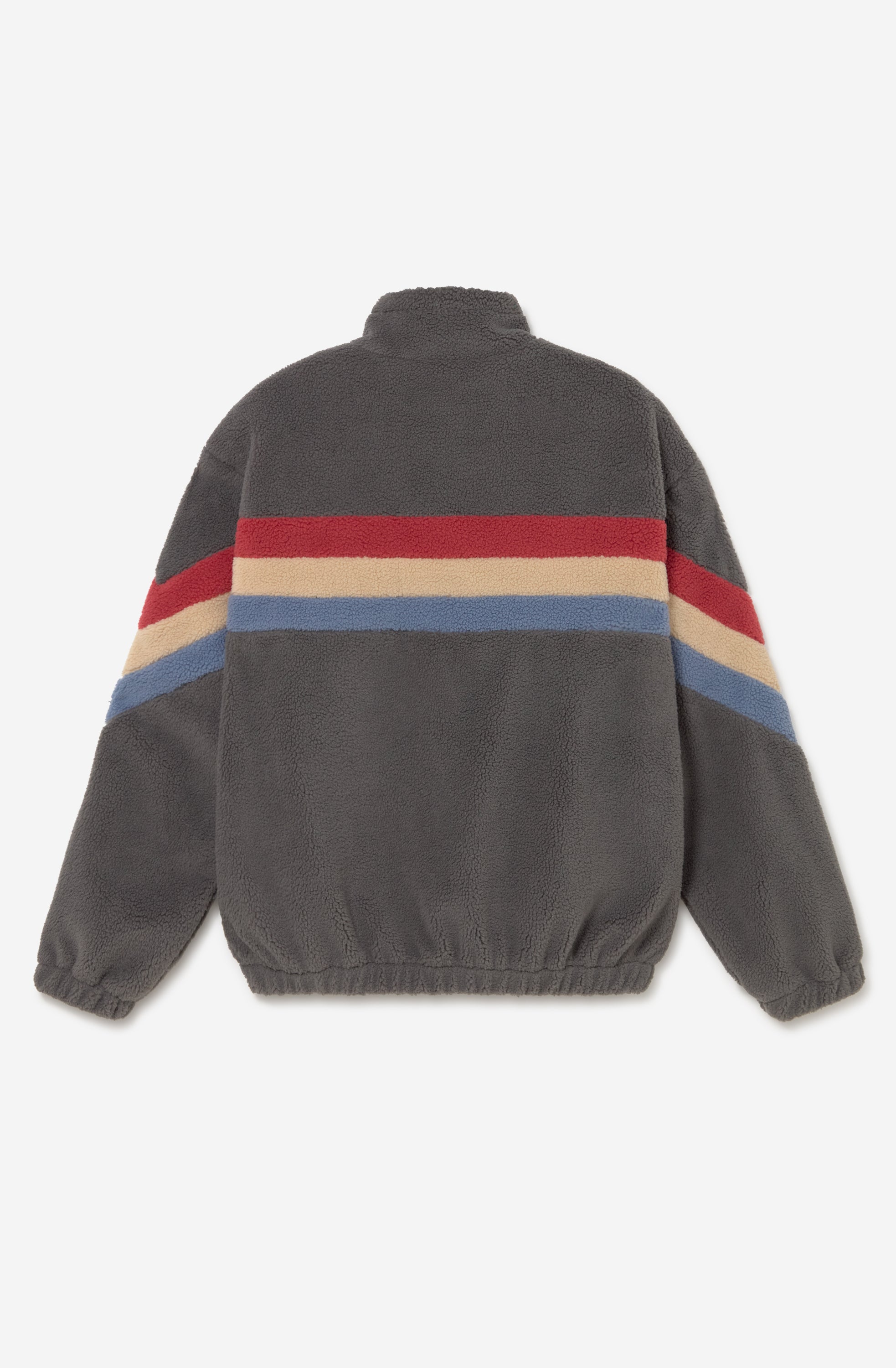 Polar Wabi Sabi Khaki de fleece con franjas rojas, beige y azules, cuello alto y cierre de cremallera.