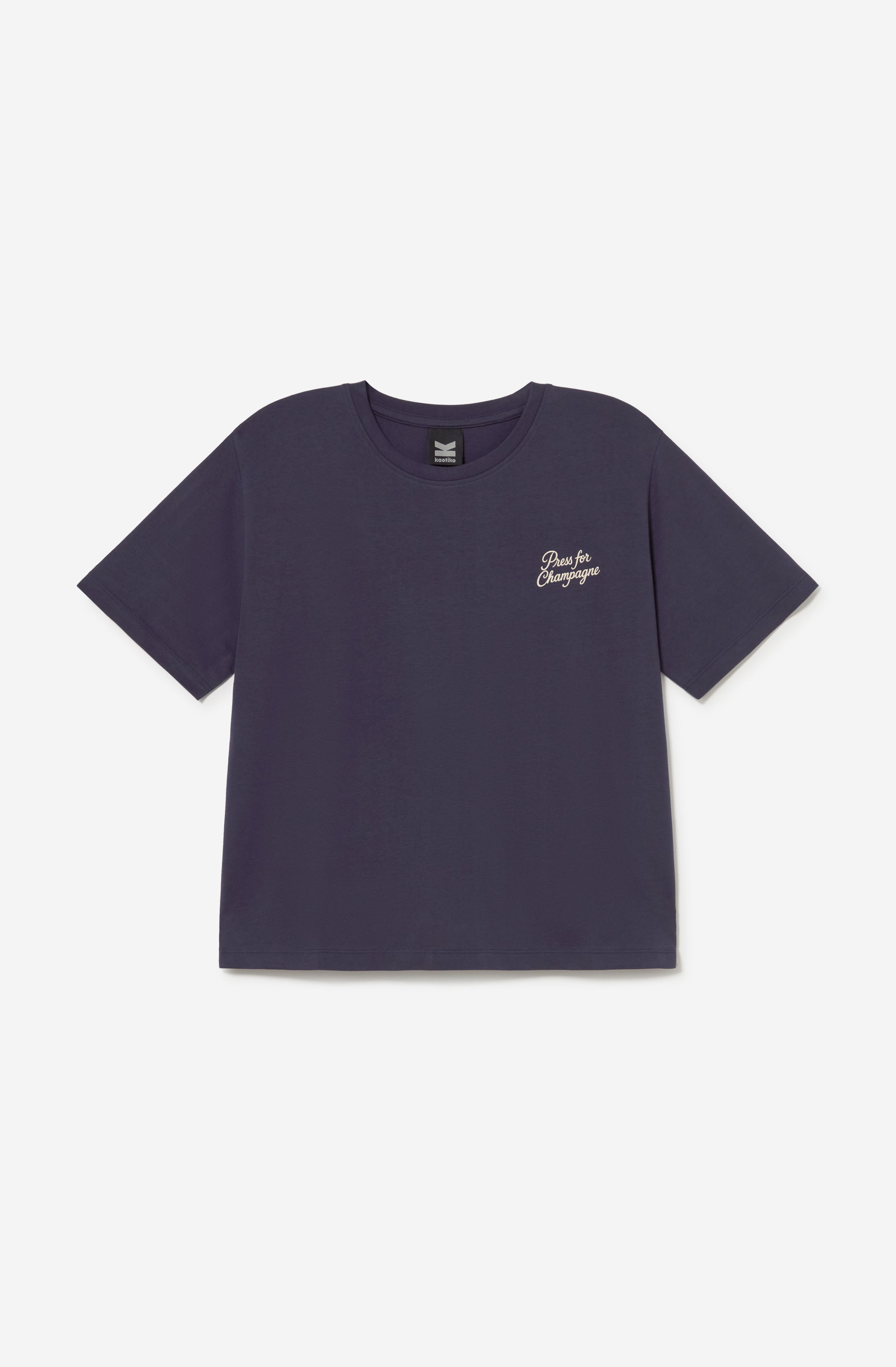 Camiseta Champagne Navy unisex con gráfico Press for Champagne inspirado en la estética parisina de Kaotiko BCN