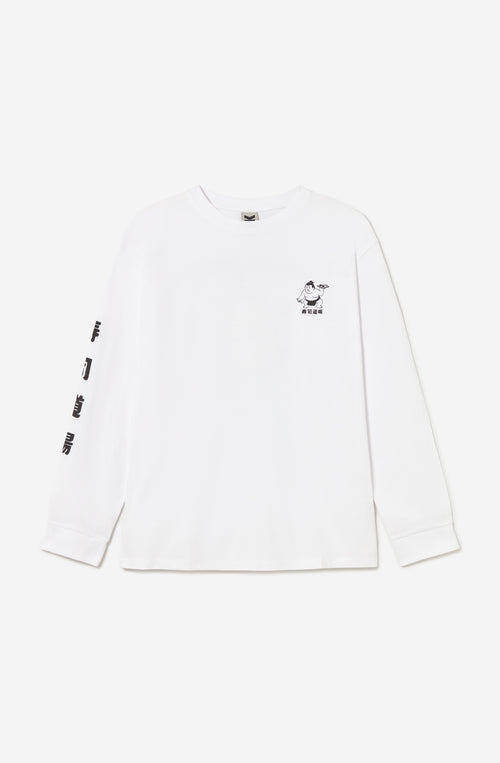 Camiseta Noodle Temple White unisex de manga larga con ilustración japonesa y estampado gráfico en espalda y mangas