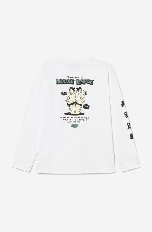 Camiseta Noodle Temple White unisex de manga larga con ilustración japonesa y estampado gráfico en espalda y mangas