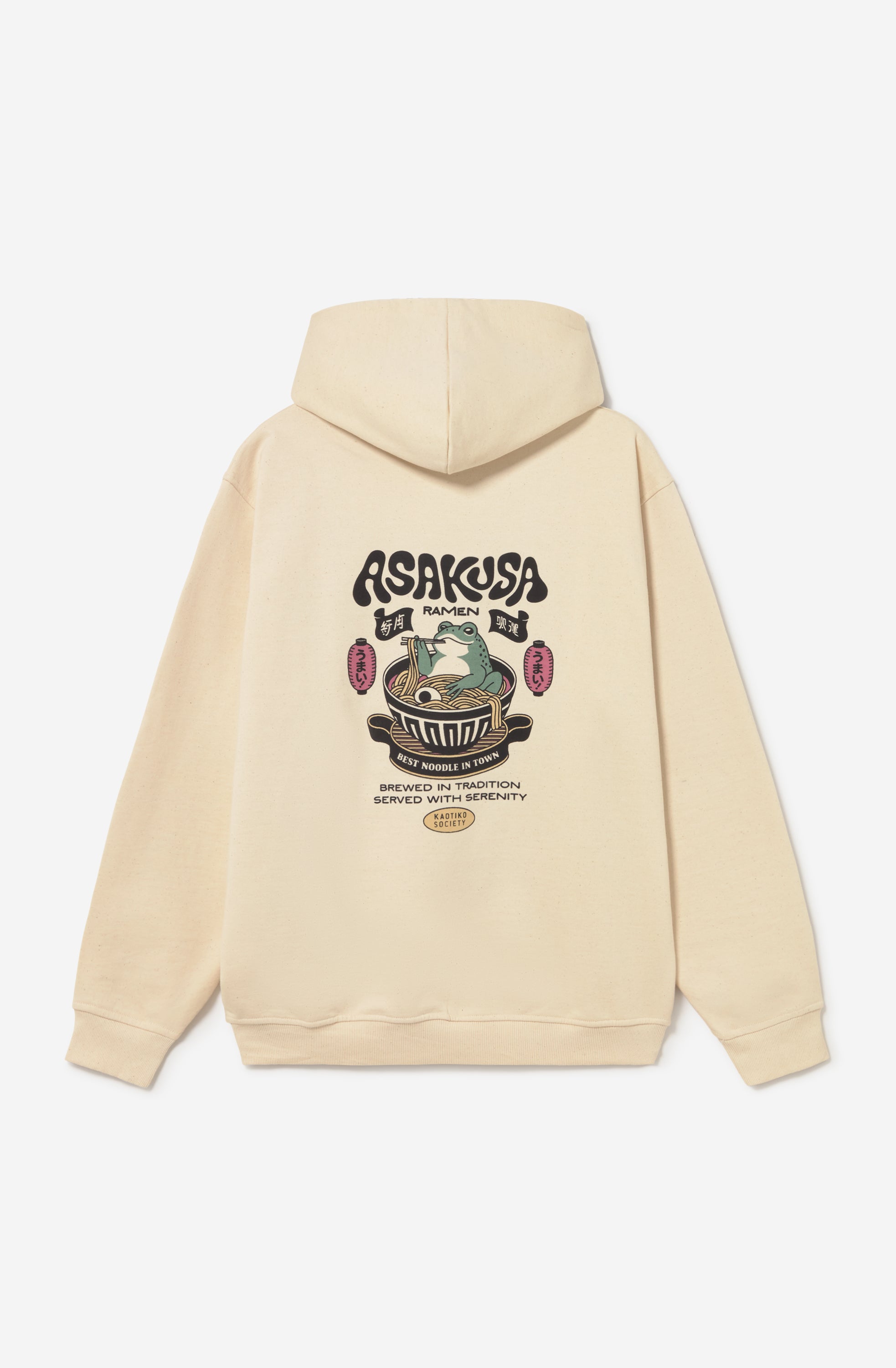 Sudadera oversize unisex de algodón orgánico color crudo con gráfico Asakusa Ramen en el pecho e ilustración de una rana en un bol de ramen en la espalda.