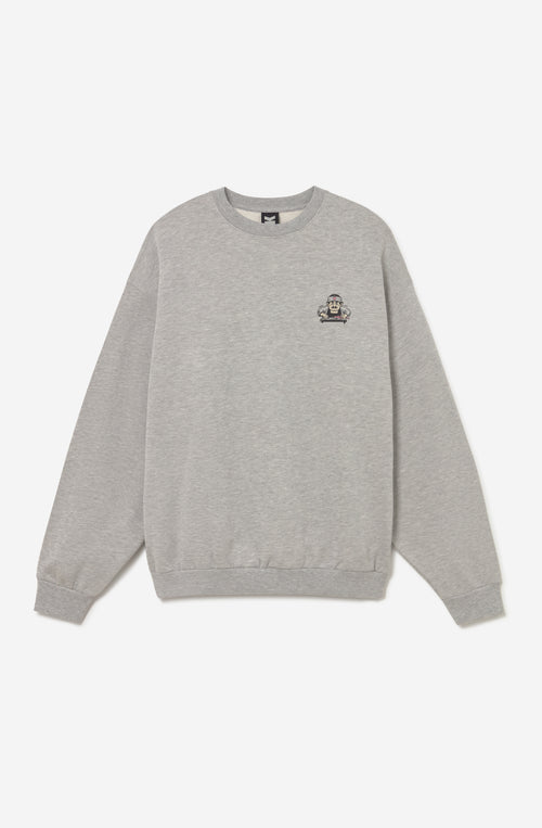 Sudadera crew Sushi Stare en color Gray oversize, estampado pequeño frontal y gráfico grande en la espalda, 50% algodón 50% poliéster, diseño streetwear de Kaotiko BCN.