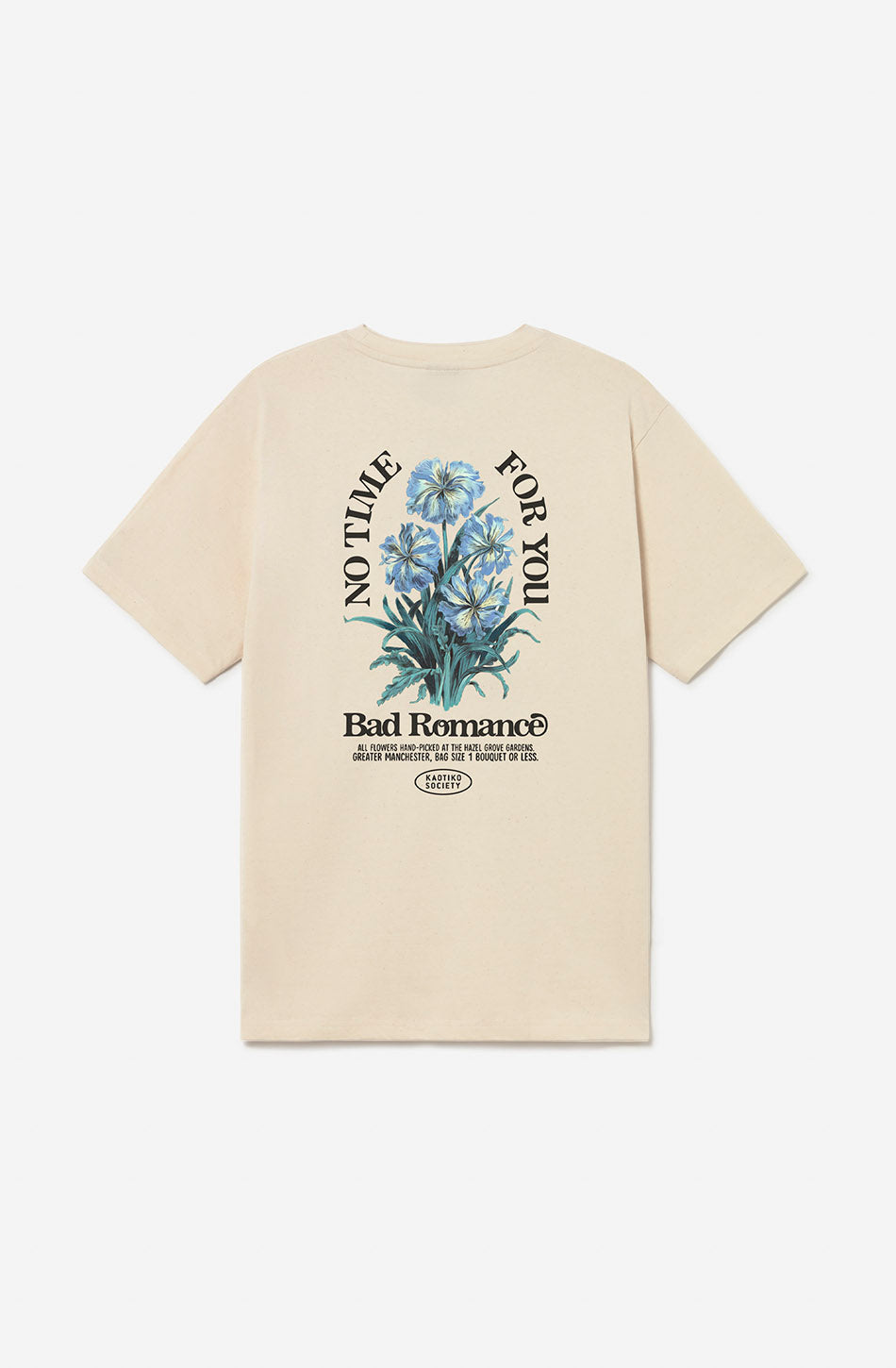 Camiseta No Time For You Tabacco de hombre con ilustración floral azul y estampado gráfico en la espalda de Kaotiko BCN