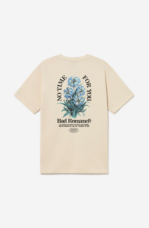 Camiseta No Time For You Tabacco de hombre con ilustración floral azul y estampado gráfico en la espalda de Kaotiko BCN