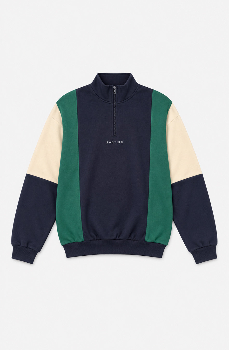 Sudadera unisex Tupoc azul marino con paneles verdes y crudos, cuello alto con media cremallera y logo Kaotiko en el pecho.