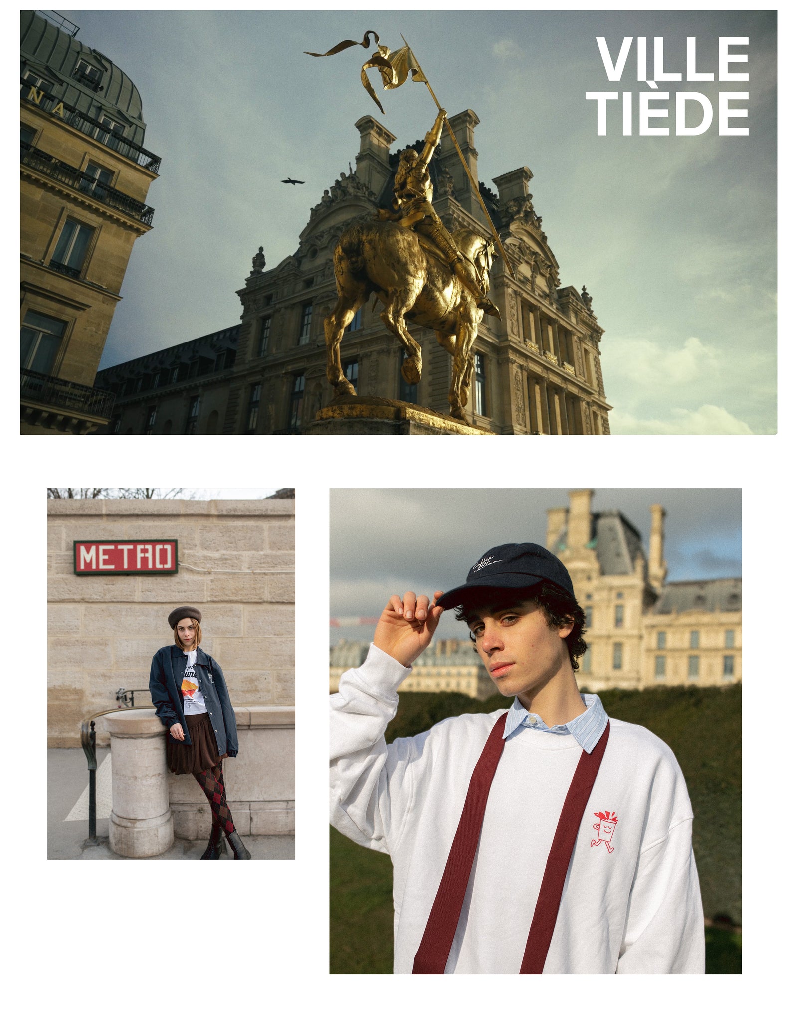 Modelo bebiendo café espresso con chaqueta azul marino y chica con boina reflejando la estética streetwear desenfadada de la cápsula Coffee Culture
